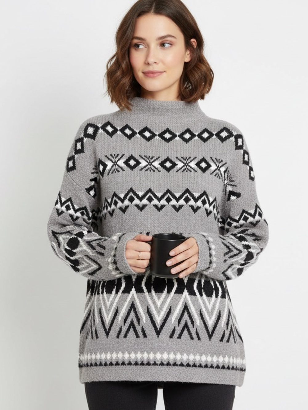 Christian Siriano Grey and Black Fair Isle Turtleneck Sweater